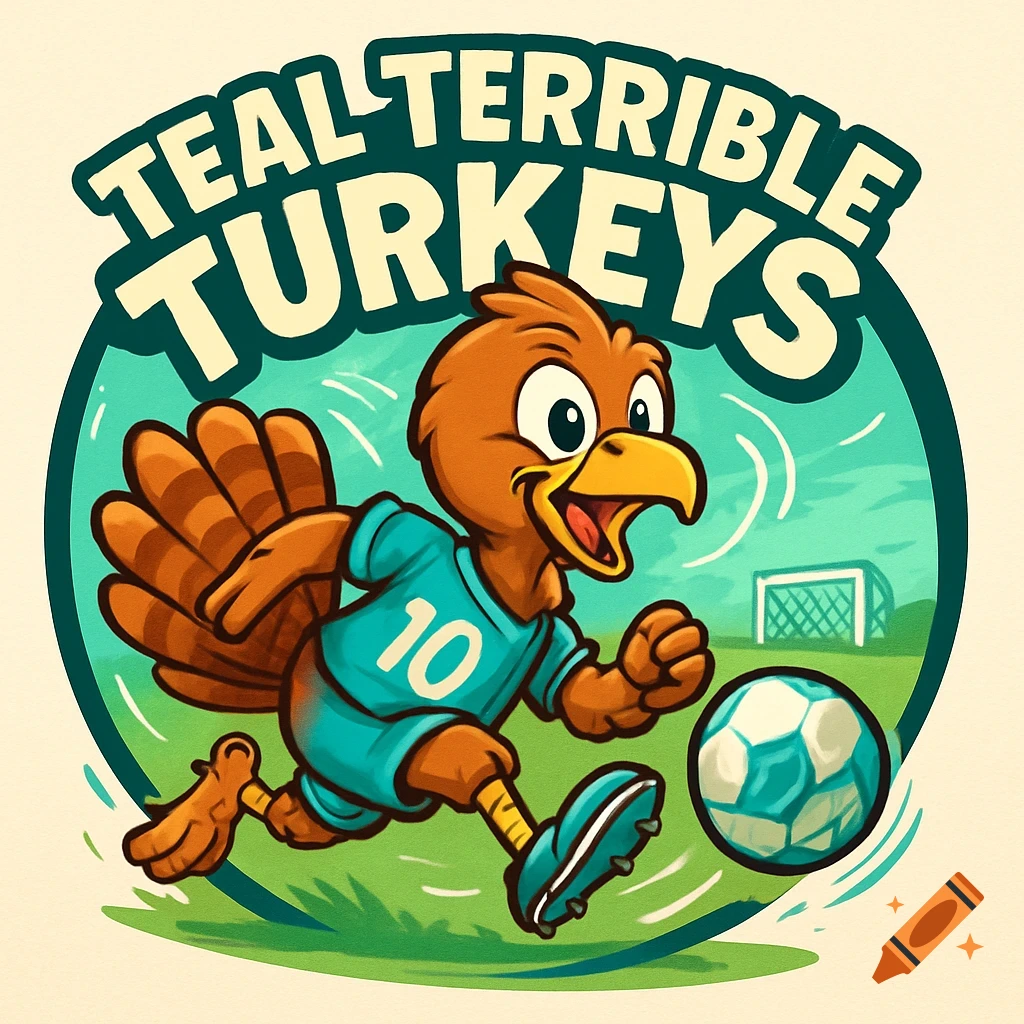 A vibrant cartoon logo of a turkey in a teal soccer uniform kicking a ball, with 'TEAL TERRIBLE TURKEYS' text above.