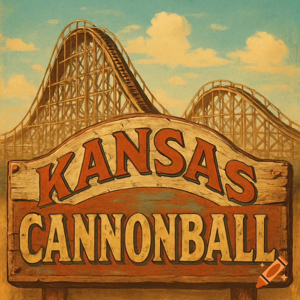 Vintage wooden sign for 'Kansas Cannonball' roller coaster, with the coaster structure in the background under a cloudy sky.
