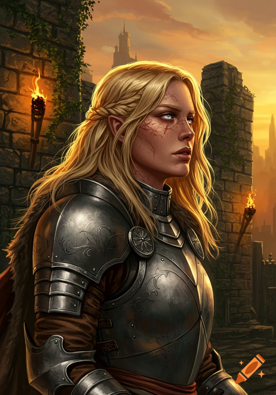 Blonde female fantasy warrior with facial scars, wearing silver armor, against a castle and stone walls at sunset.