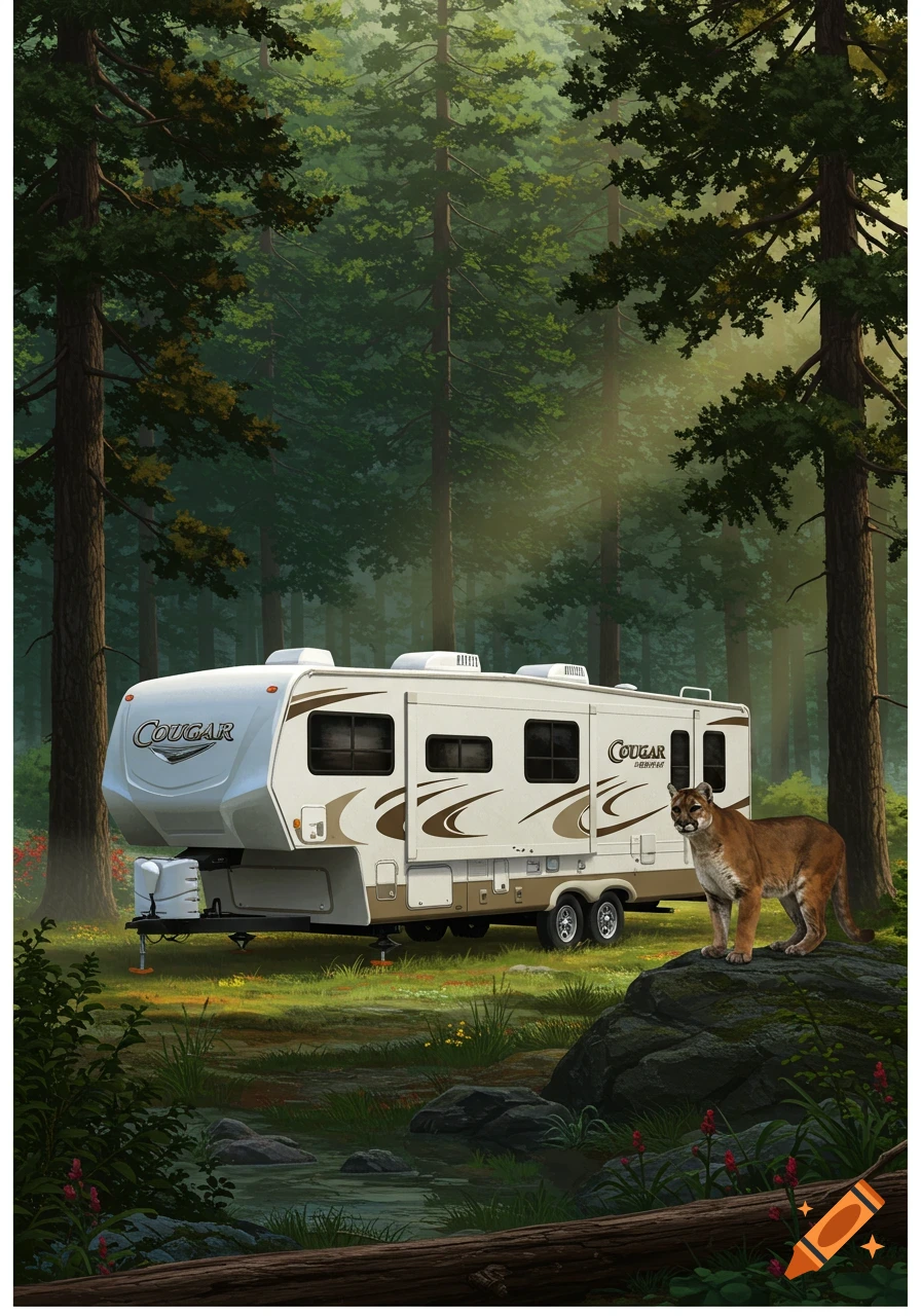 A white Cougar camper in a sun-dappled forest, with a cougar standing on a mossy rock. Photorealistic illustration.