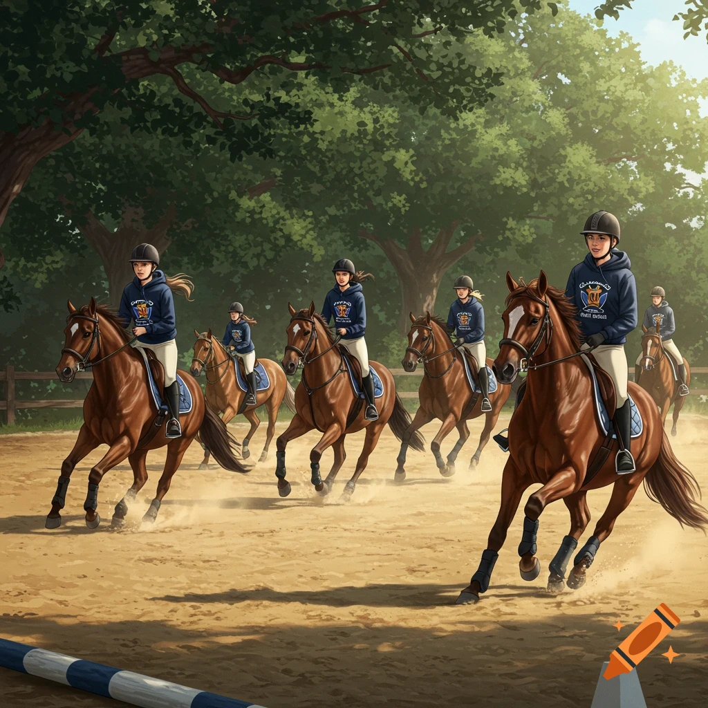 Group of horseback riders on brown horses in an outdoor arena, wearing navy hoodies, with trees in the background.