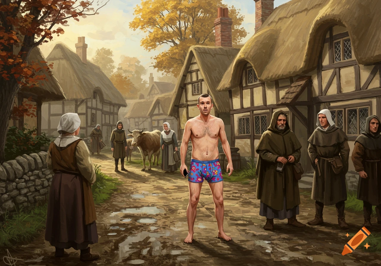 Digital painting of a modern man in boxer shorts and barefoot standing awkwardly in a muddy medieval village street, observed by peasants and livestock.