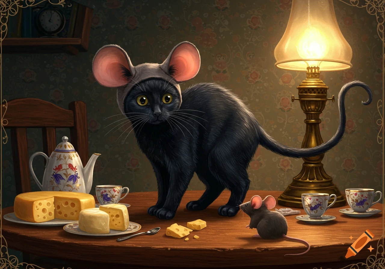 A black cat in a mouse-eared hat stands on a table with cheese, a teapot, and a small mouse, illuminated by a warm lamp.