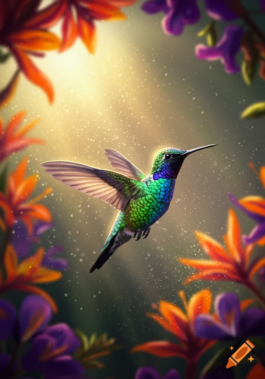 A vibrant green and blue hummingbird hovers amidst colorful orange and purple flowers, bathed in sunlight and sparkling particles.