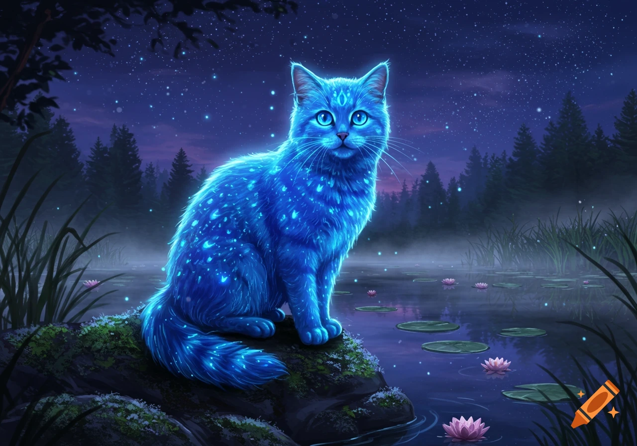 A mystical glowing blue cat with bright eyes sits on a mossy rock by a pond with lily pads under a starry night sky.