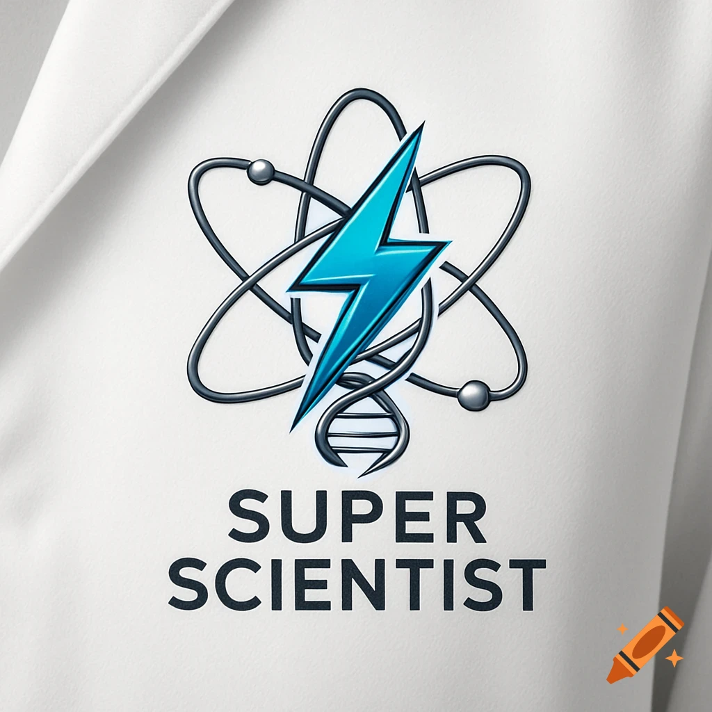Blue lightning bolt over atomic symbol and DNA helix, with 'SUPER SCIENTIST' text on a white lab coat.