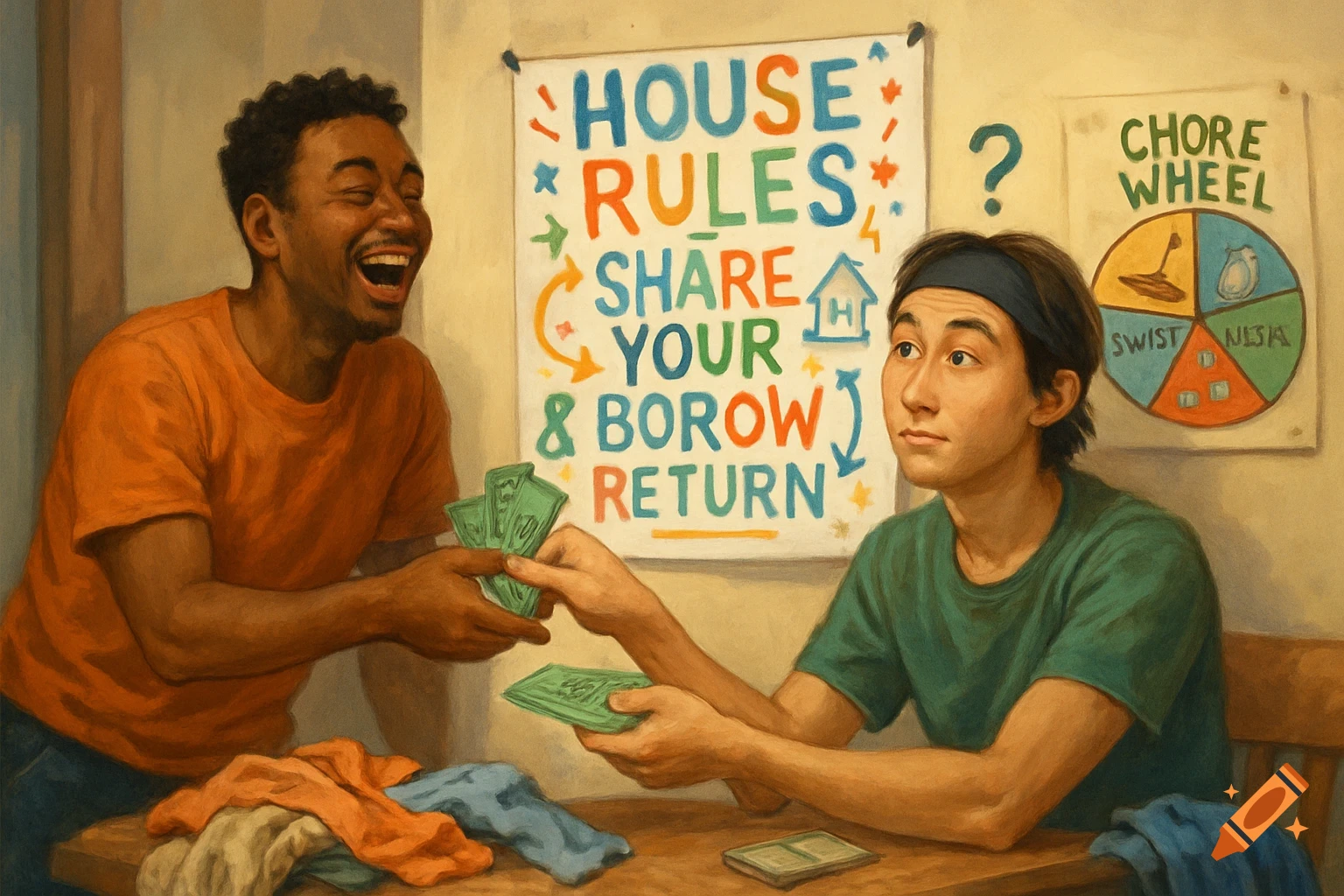 A smiling Black man hands money to a serious Asian man across a table with clothes. "House Rules" and a "Chore Wheel" posters are on the wall.