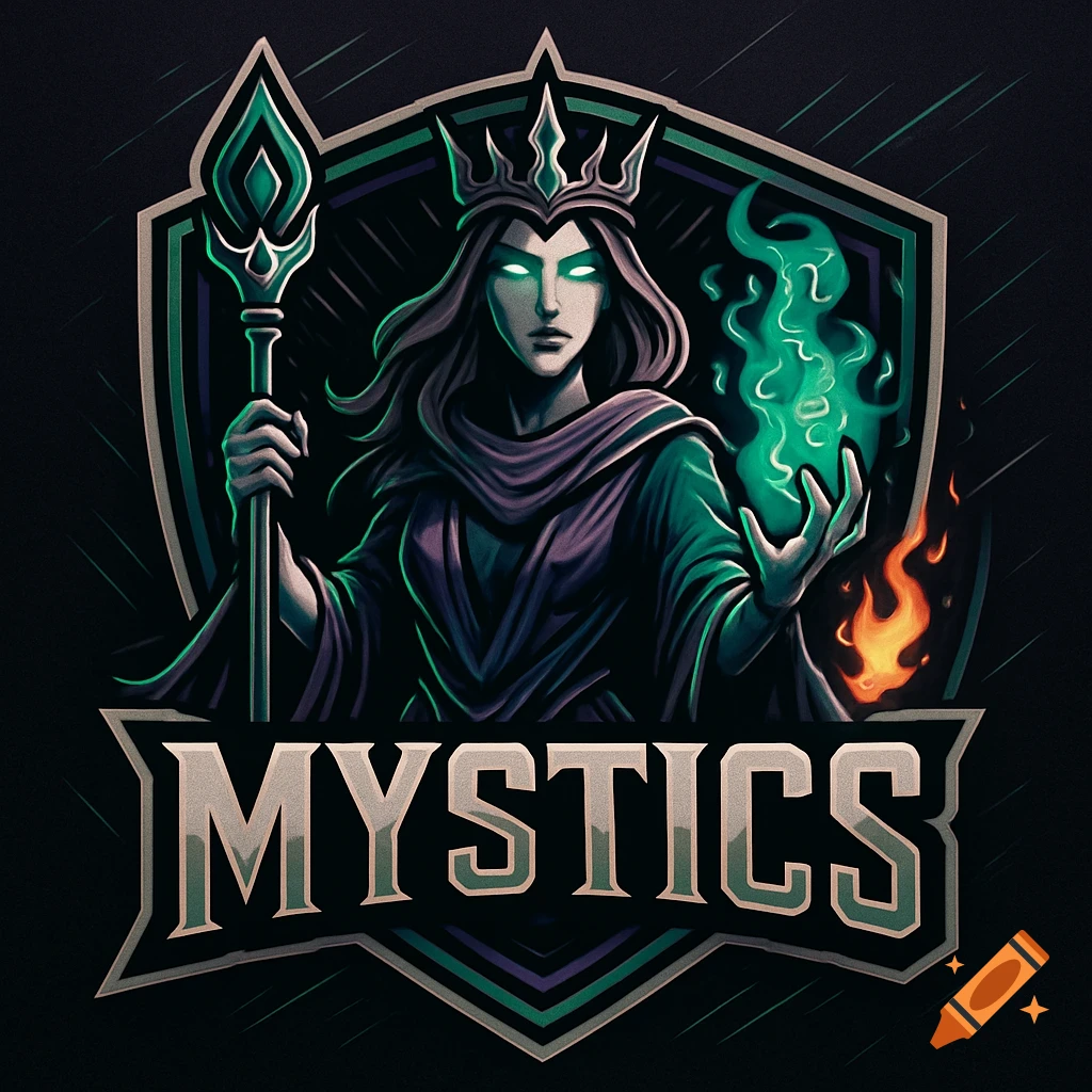Stylized NFL-style logo of a mystical enchantress with glowing eyes, crown, staff, and green fire, above the word 'MYSTICS'.