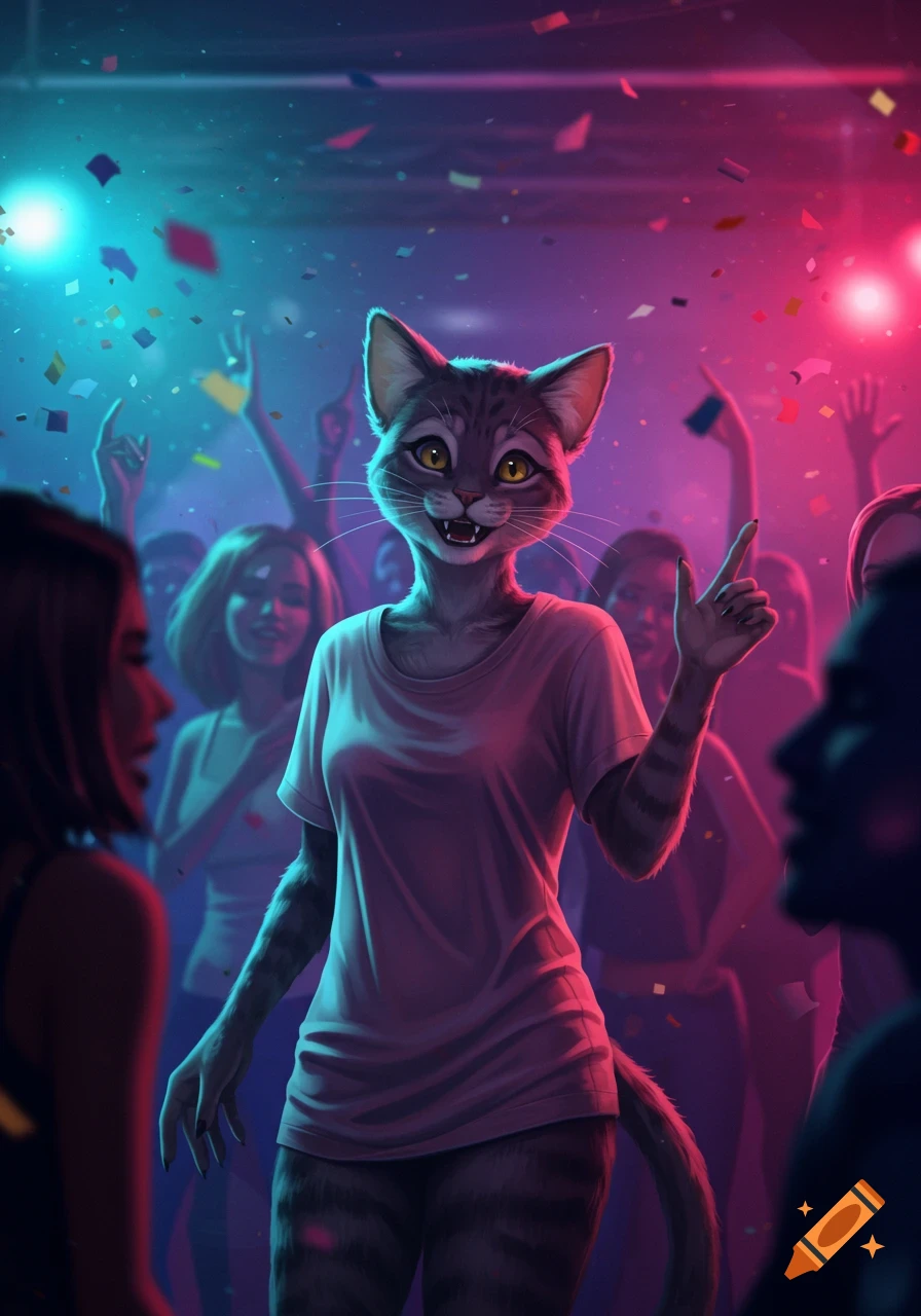 A cheerful catgirl in a white t-shirt gestures while dancing at a vibrant party with confetti and neon lights.