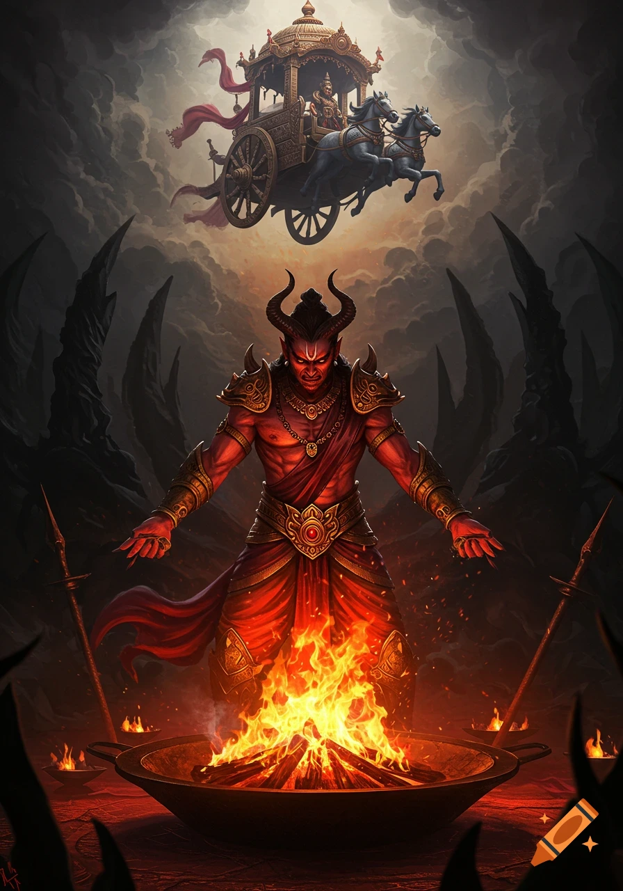 A fierce red-skinned demonic figure with horns performs a fiery yagna ritual as a celestial chariot floats above, in an epic fantasy style.