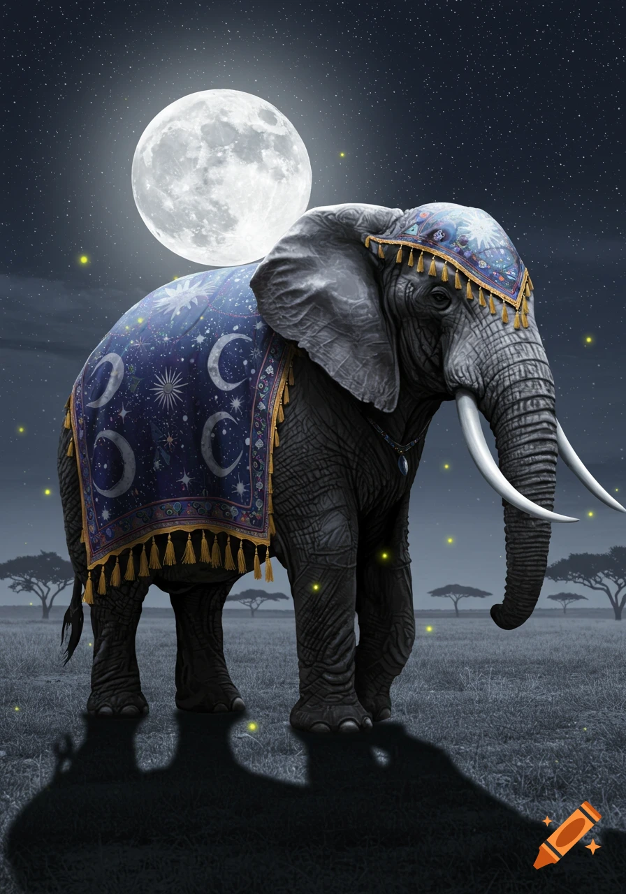 An ornate elephant in a blue celestial blanket stands in a savanna under a full moon and starry night.