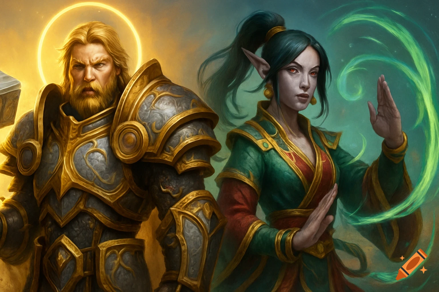 A male paladin in golden armor with a glowing halo and a female elf monk with green magic.
