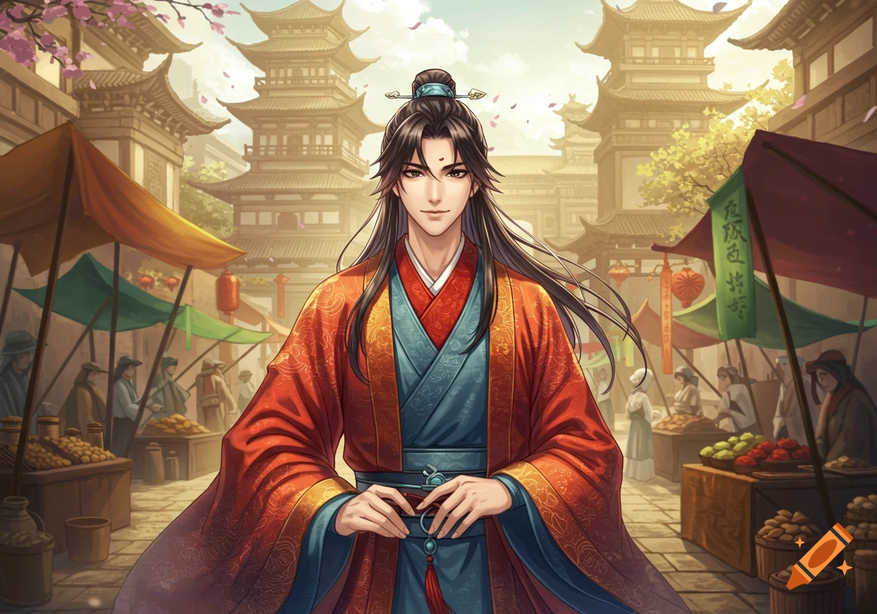 An anime-style illustration of a young Chinese man in red Tang Dynasty clothing standing in a bustling traditional market.