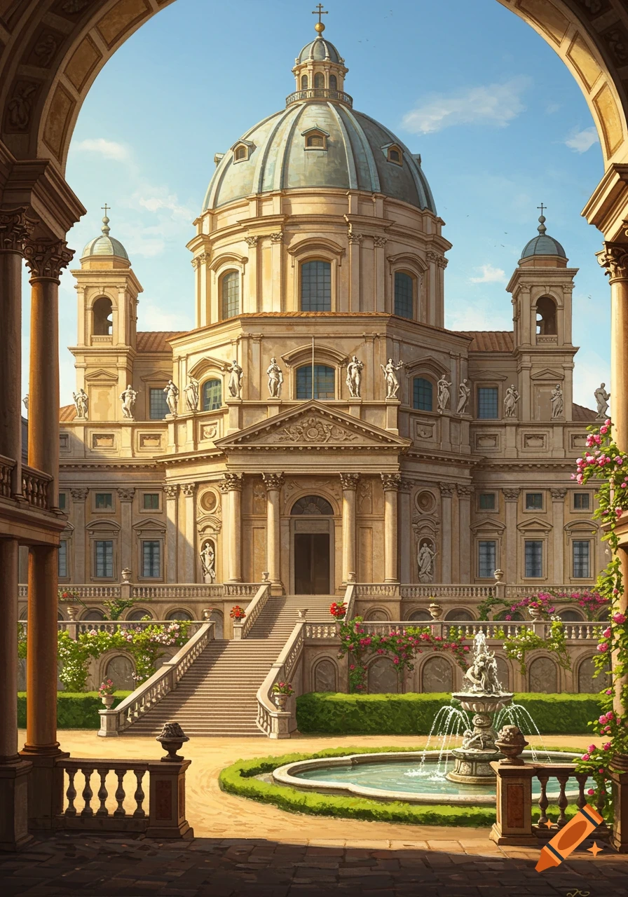 A grand Italian Baroque palace with a large dome, seen through an archway, with a garden, fountain, and staircase leading to its entrance.