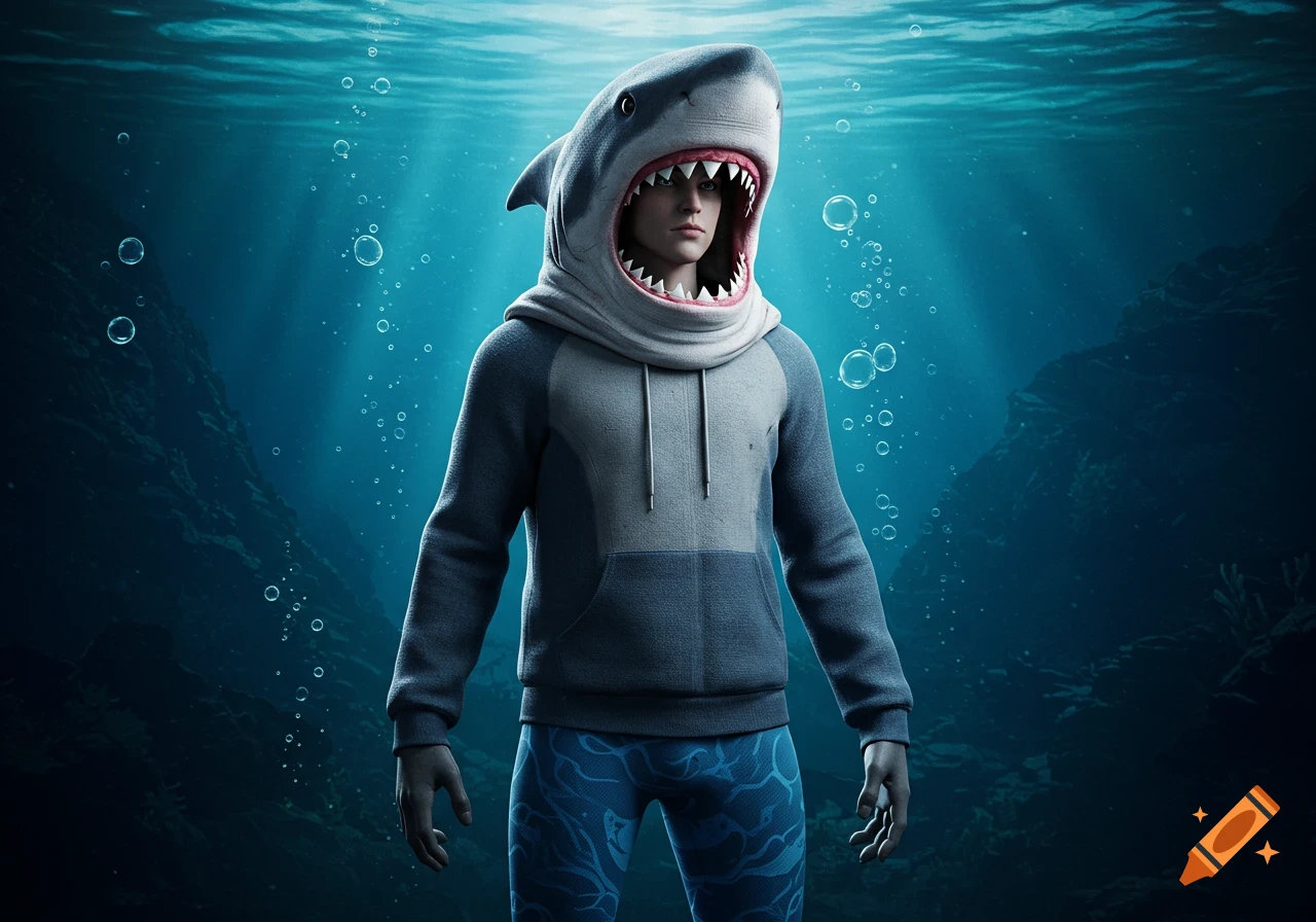 A person in a realistic gray and blue shark hoodie and patterned blue pants stands underwater with light rays and bubbles.