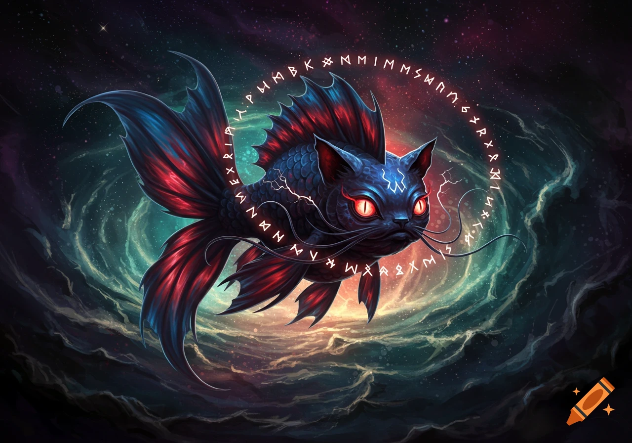 A stylized, dark blue cat-fish hybrid creature with red glowing eyes and fins, surrounded by a ring of glowing runes, floats in a cosmic, swirling nebula.