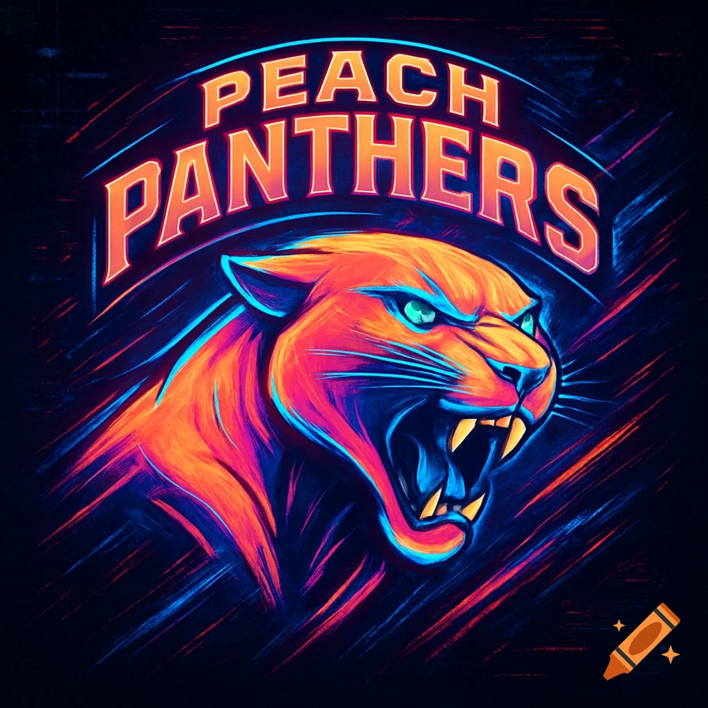 A vibrant neon digital art logo featuring a roaring panther head with 'PEACH PANTHERS' text above it.