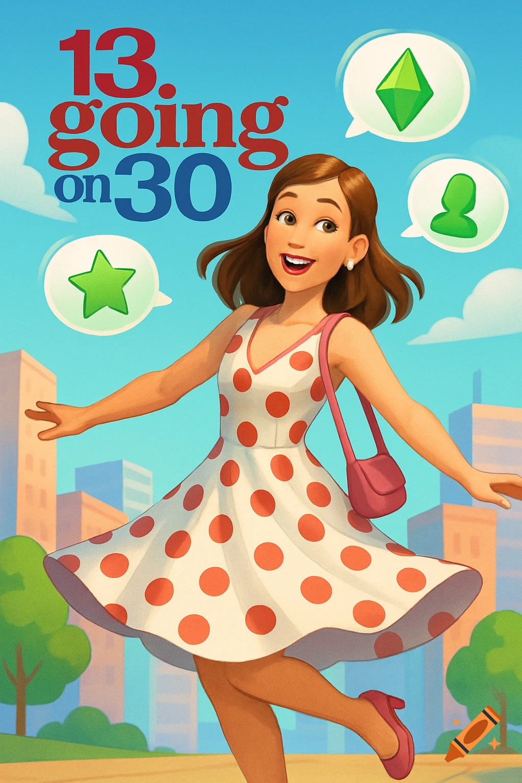 Cartoon woman in a polka dot dress running in a city, with "13 Going on 30" title and Sims 4-style icons.