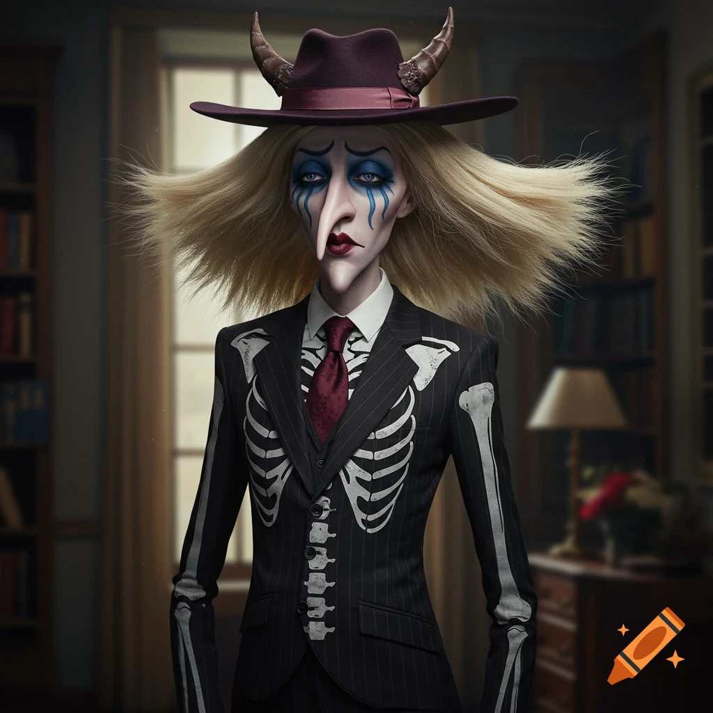 A creepy, stylized figure with blonde hair, a long pointy nose, blue makeup, and a fedora with horns, wearing a pinstripe skeleton suit.