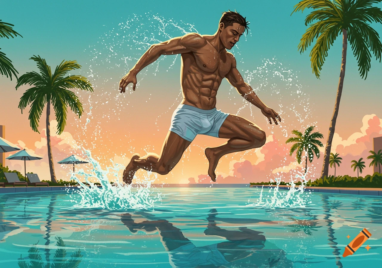 Illustrated muscular man in boxers hopping out of a tropical pool at sunset with palm trees, splashing water.