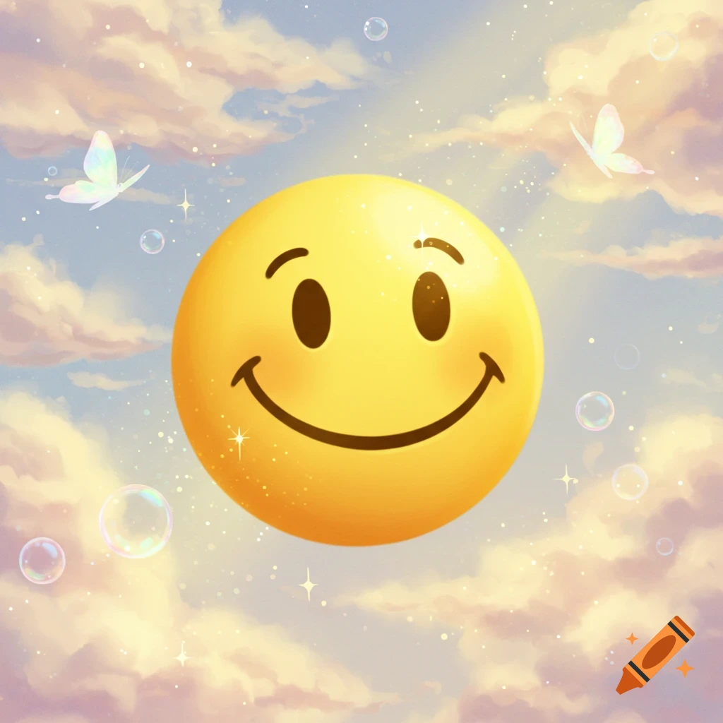 A bright yellow smiley face emoji floating in a whimsical sky with pastel clouds, bubbles, and butterflies.