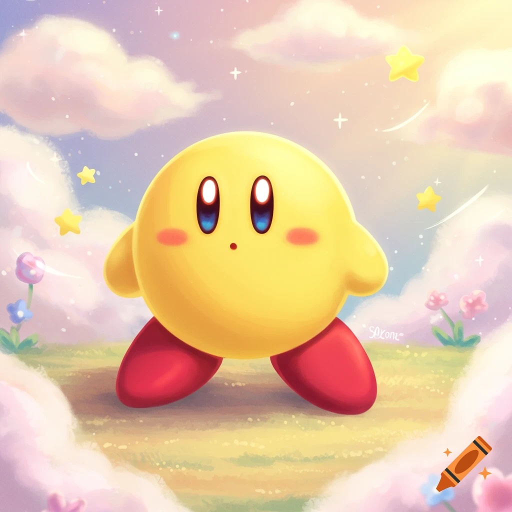 Kirby, a yellow round character with large eyes and blush, stands on a grassy cloud in a pastel sky with stars.