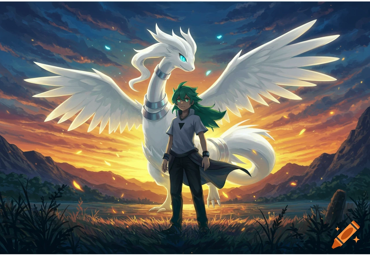 Anime style image of N, a character with green hair, standing in a field with the white dragon Reshiram under a vibrant sunset sky and mountains.