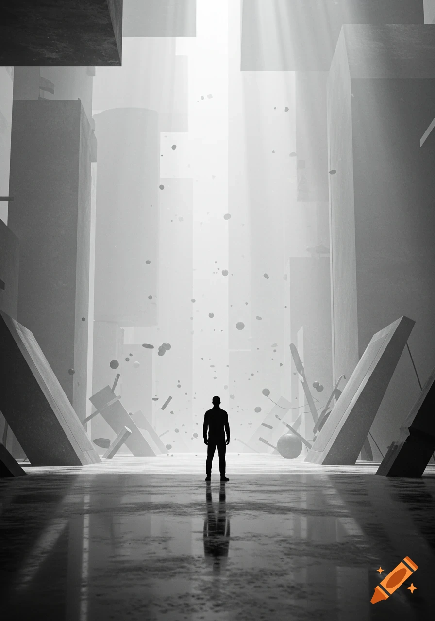 A solitary male silhouette stands in a minimalist, surreal black and white urban landscape with abstract geometric shapes.