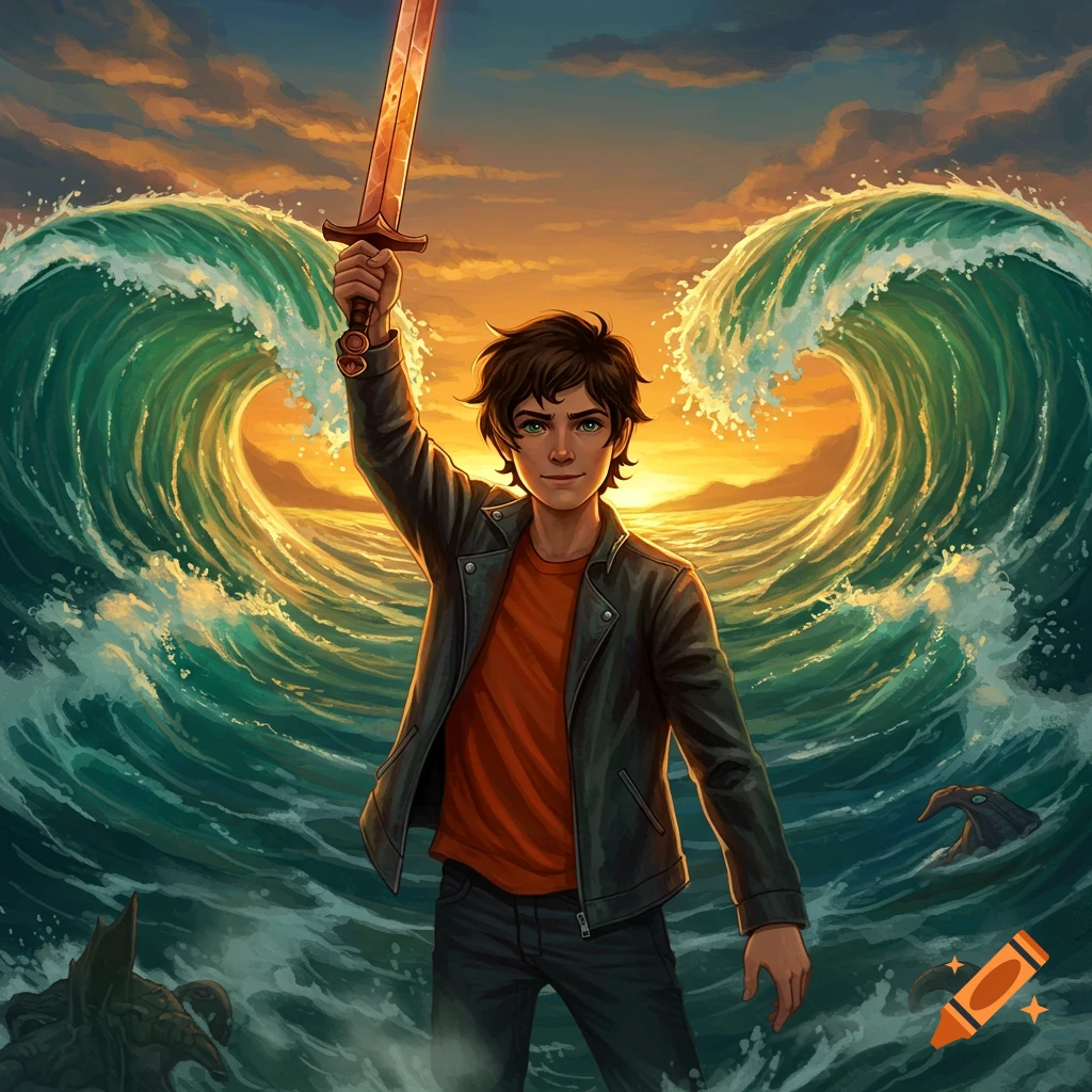 A young man with dark hair holds a glowing sword aloft as two large ocean waves part behind him, revealing a vibrant sunset.