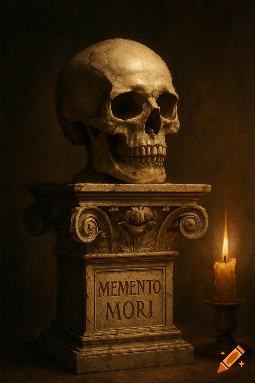 A classical, dimly lit still life featuring a human skull resting atop a stone Corinthian pedestal, inscribed with "MEMENTO MORI," next to a flickering candle.
