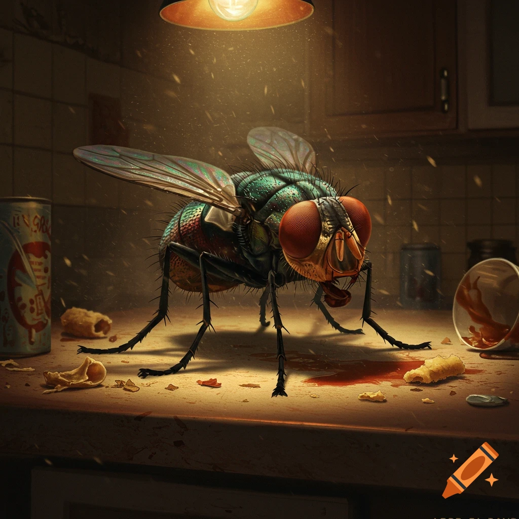 A giant, photorealistic housefly on a messy kitchen counter with spilled red liquid and crumbs, dramatically lit.