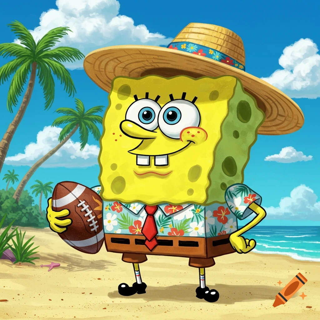 Spongebob Squarepants on a sunny beach, wearing a straw hat and Hawaiian shirt, holding a football, with palm trees and ocean.