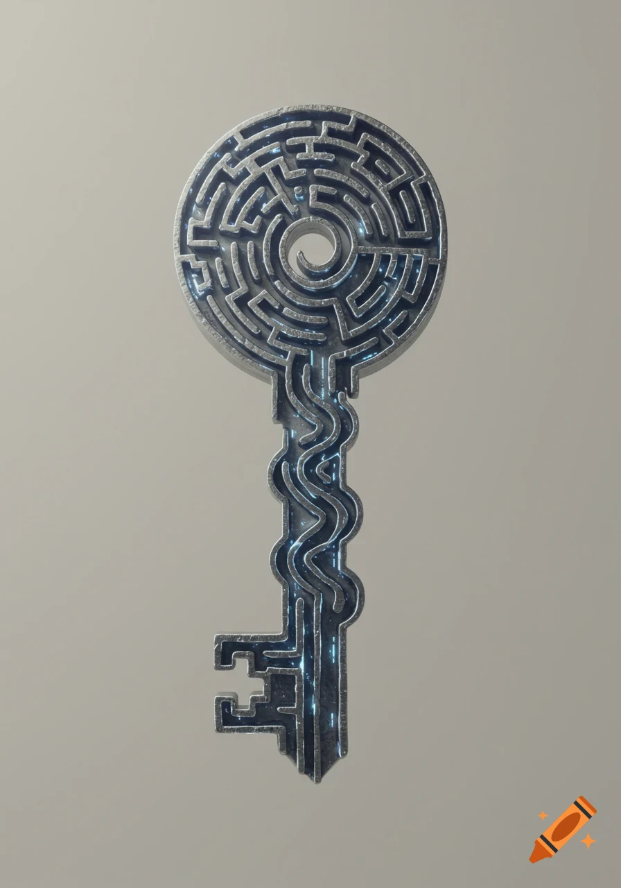 A silver key with a circular maze head and wavy shaft, glowing faintly with blue light against a plain background.