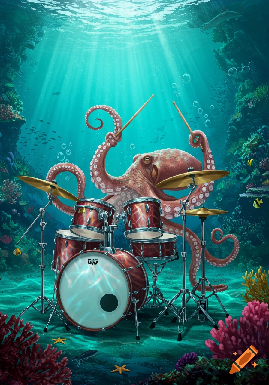 A vibrant illustration of a red octopus playing a drum set on the sandy ocean floor, surrounded by coral and fish, with sunbeams filtering through the water.