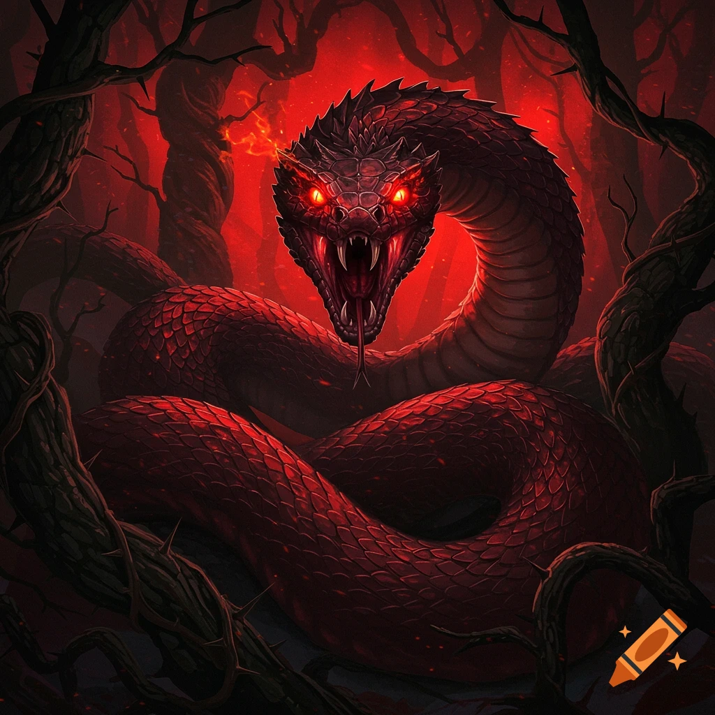 A menacing red and black demonic snake with glowing red eyes and open fangs, coiled in a dark, gnarled forest with a fiery red background.