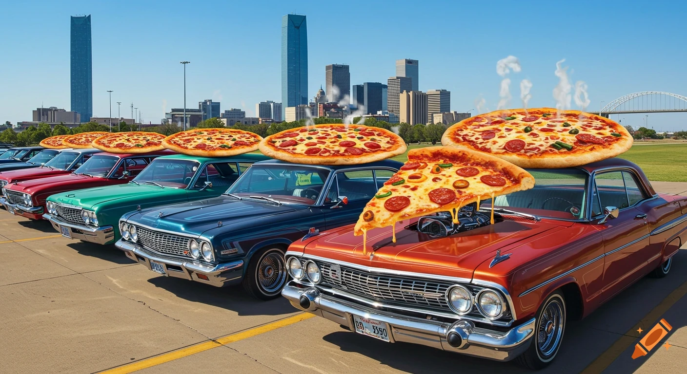 A line of vintage cars with large pizzas on their roofs, one melting into an engine, set against the Oklahoma City skyline.