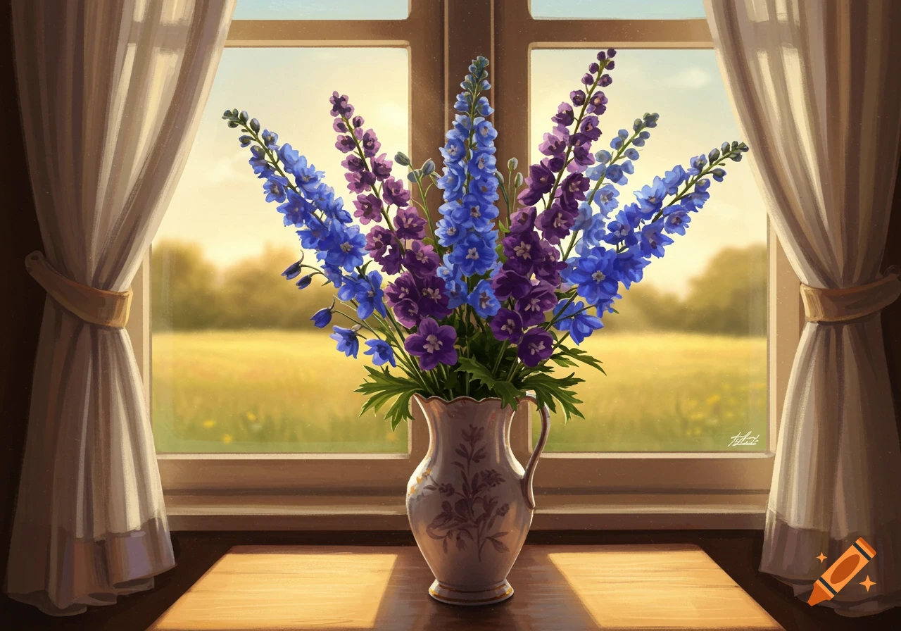 Vase of blue and purple flowers on a sunlit wooden table in front of a window with curtains and a field outside.