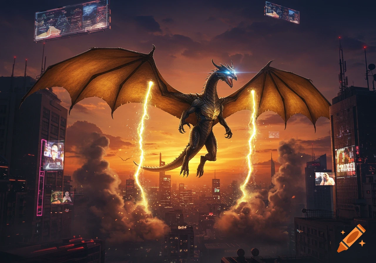 A powerful black dragon with glowing blue eyes and large golden wings hovers over a futuristic city at sunset, with lightning striking down from its wings.