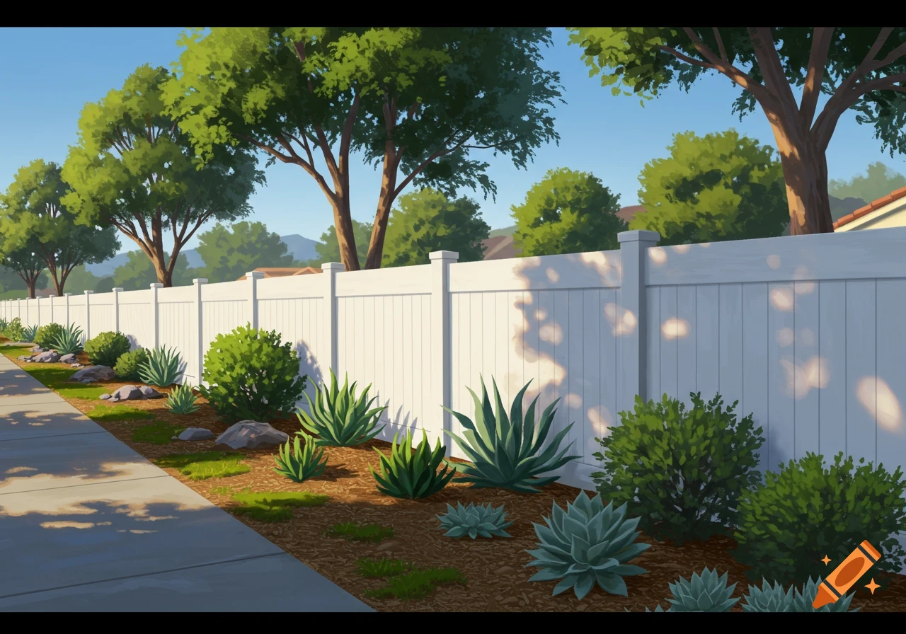 A suburban landscape with a white vinyl fence, drought-resistant shrubs, and trees along a sidewalk on a sunny day.
