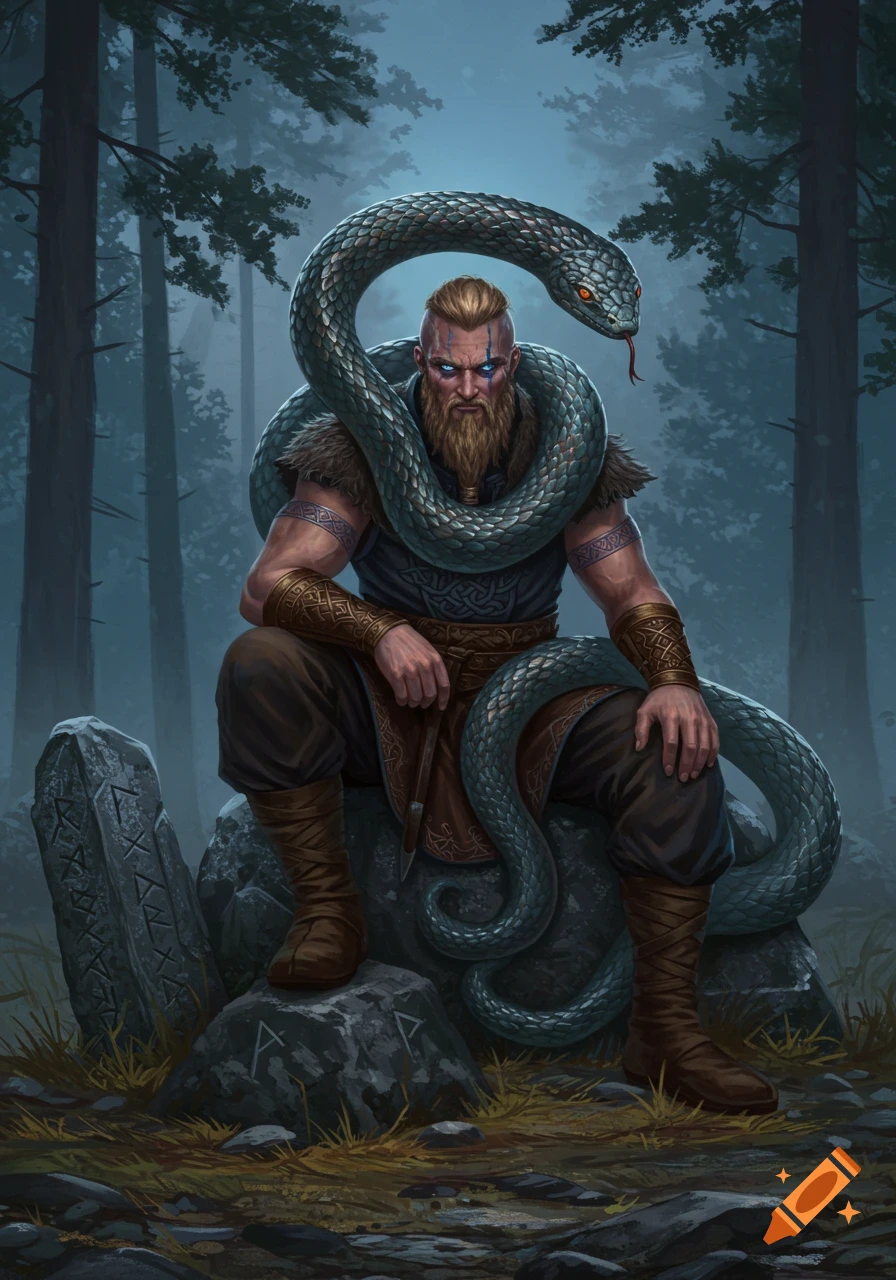 A strong Viking man with a braided beard and blue eyes sits on a stone in a forest with a large snake wrapped around his neck.