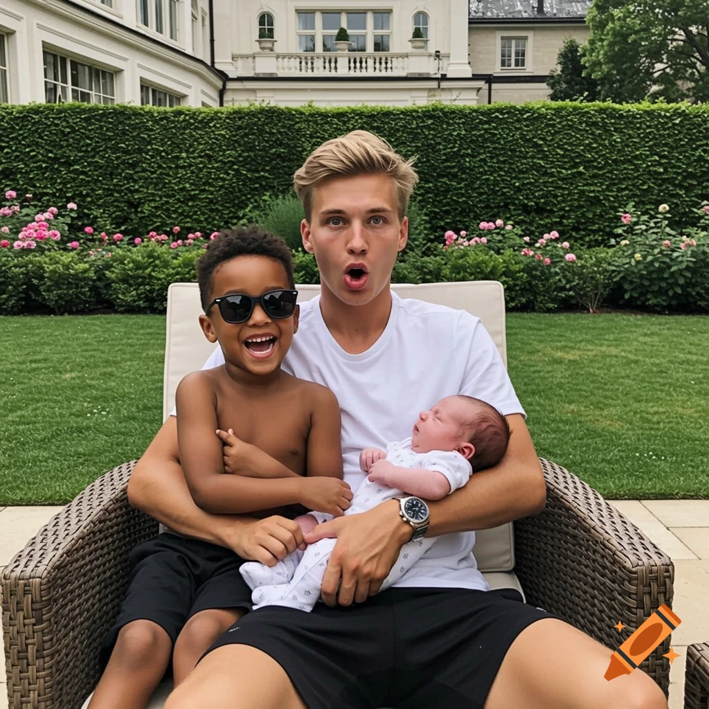 A young blonde man making a funny face holds a baby, while a smiling young boy in sunglasses sits beside him on a patio chair outdoors.