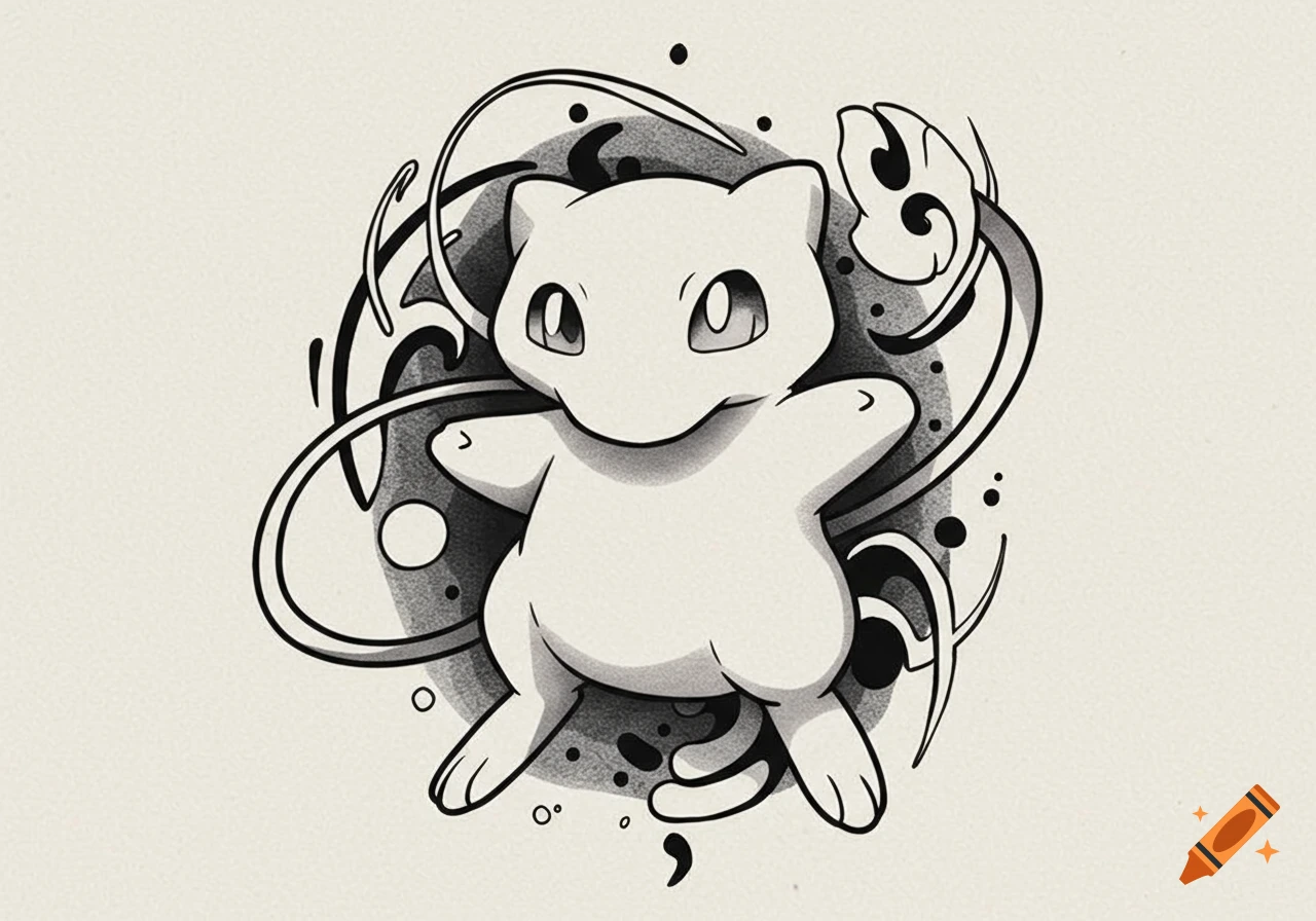 Black and white tattoo illustration of Mew with swirling decorative elements.