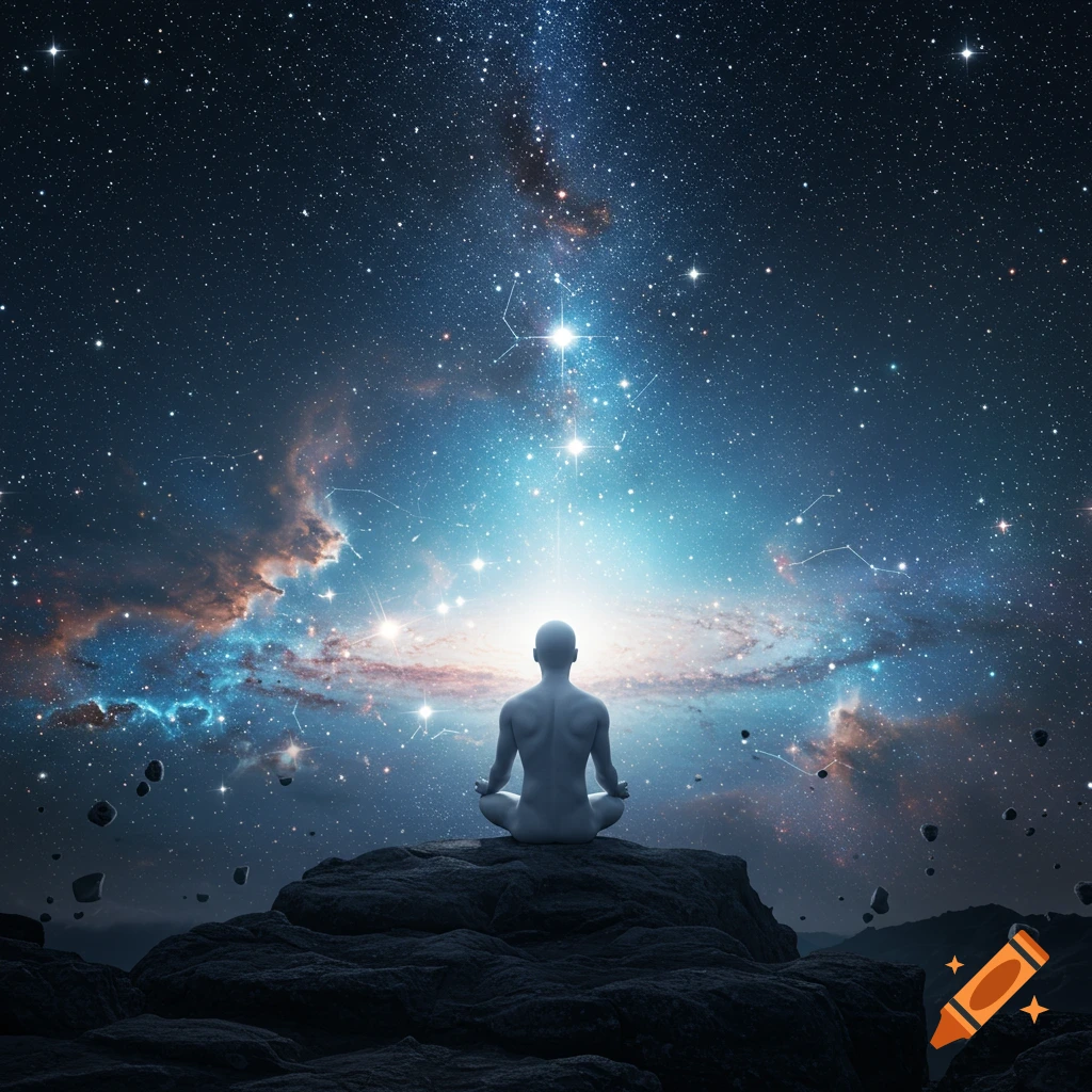 A bald man meditates in a lotus pose on a rocky outcrop, facing a luminous galaxy and starry night sky.
