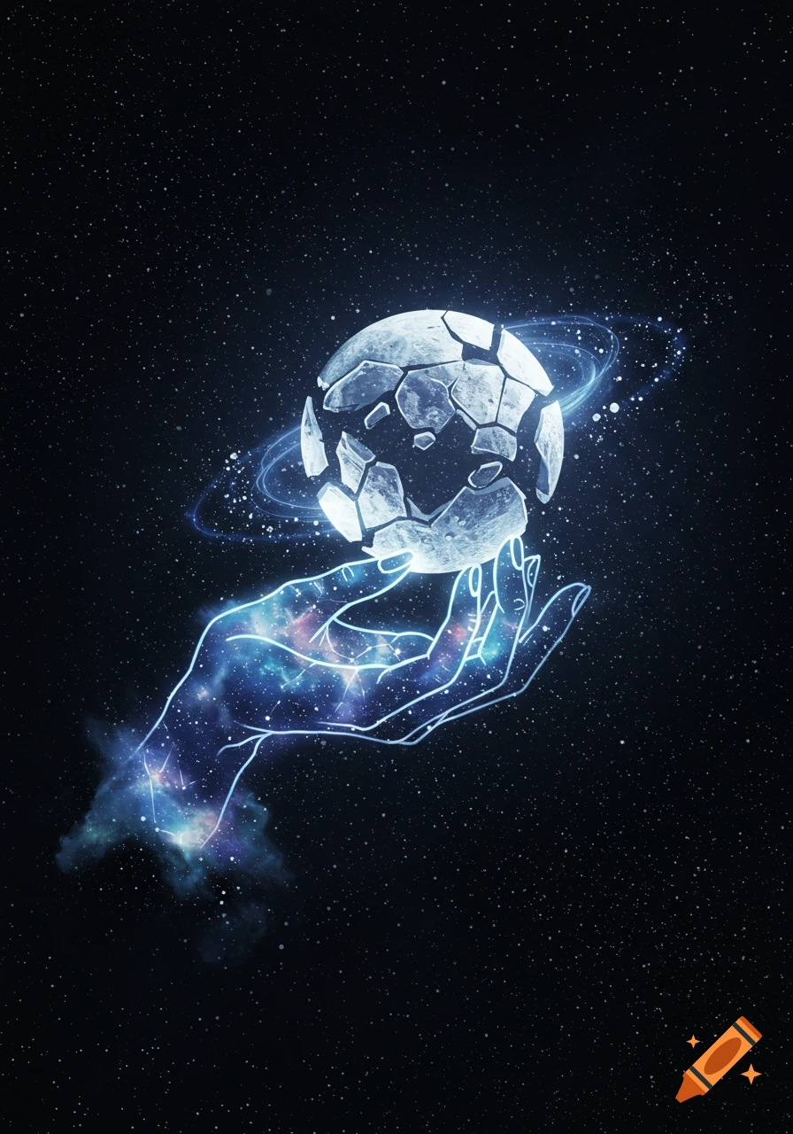 A cosmic hand made of stars gently holds a shattered, glowing moon surrounded by a faint ring against a starry dark sky.