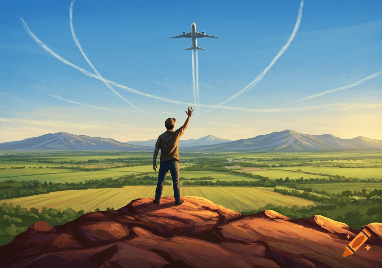 Illustration of a man on a rocky hilltop waving at a plane flying over a vast landscape with green fields and mountains.