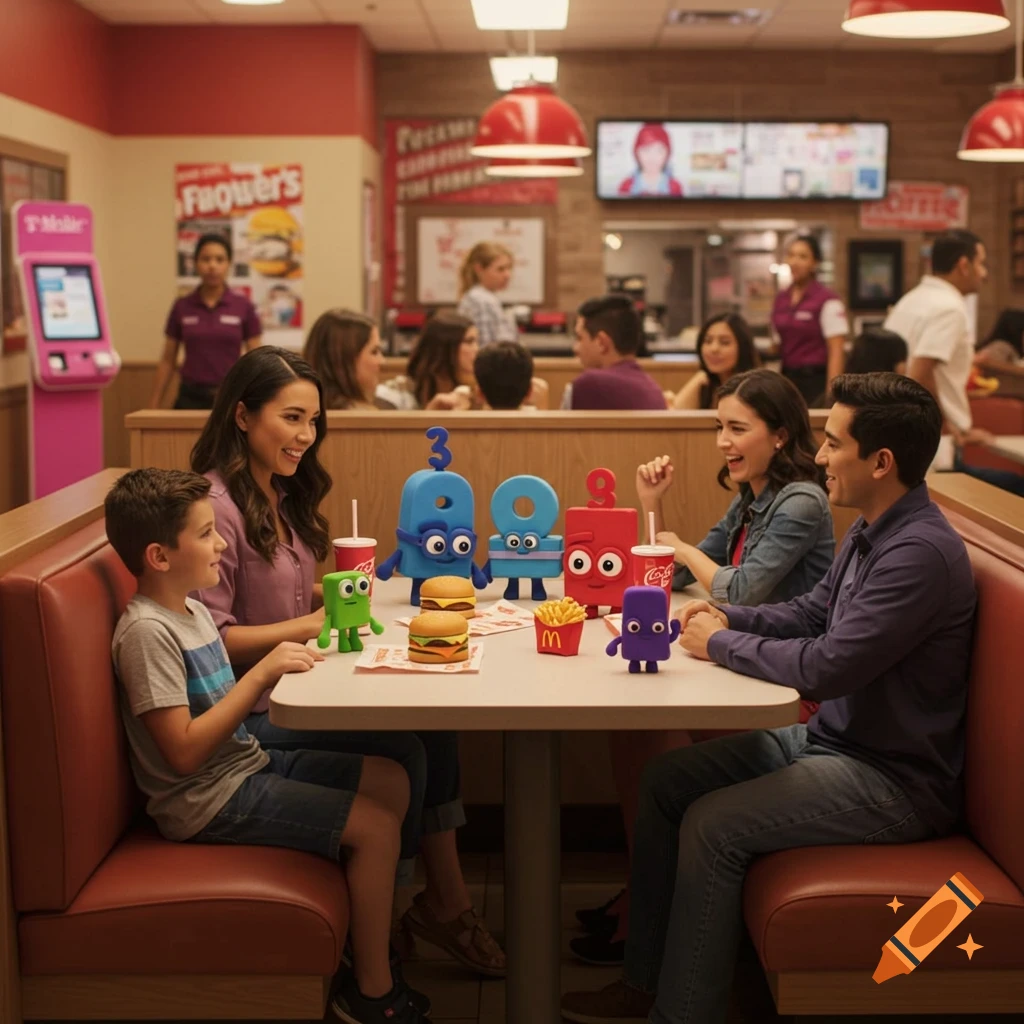 A family with two adults and two children sits at a booth in a fast-food restaurant with colorful block-shaped toys, burgers, and fries on the table.