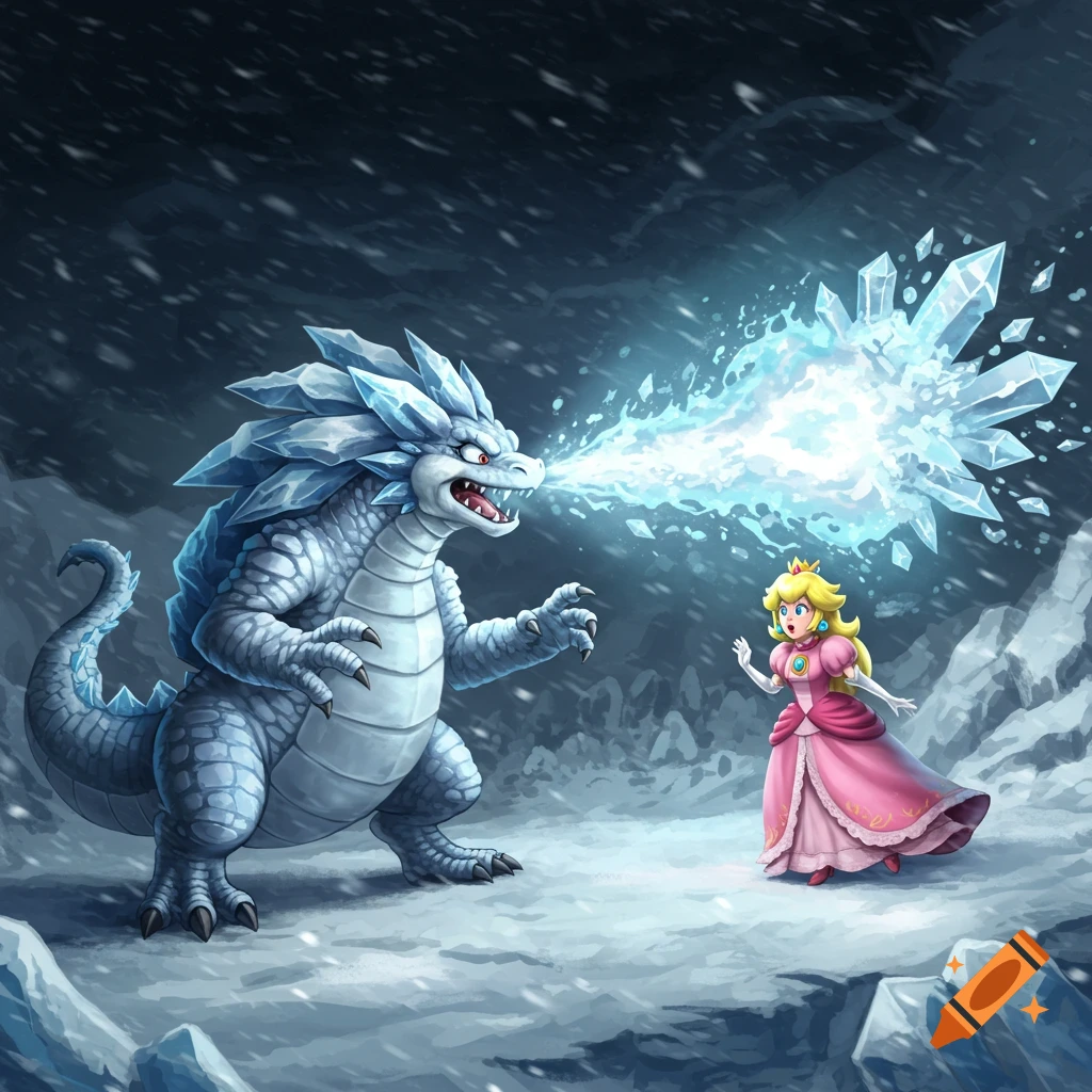 A large, light blue ice dragon breathes ice shards towards a surprised Princess Peach in a snowy, dark blue landscape.