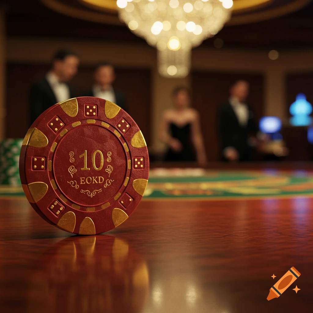 Red and gold casino chip with '10' on a glossy table. Blurred people and a chandelier in a casino background. Photorealistic.