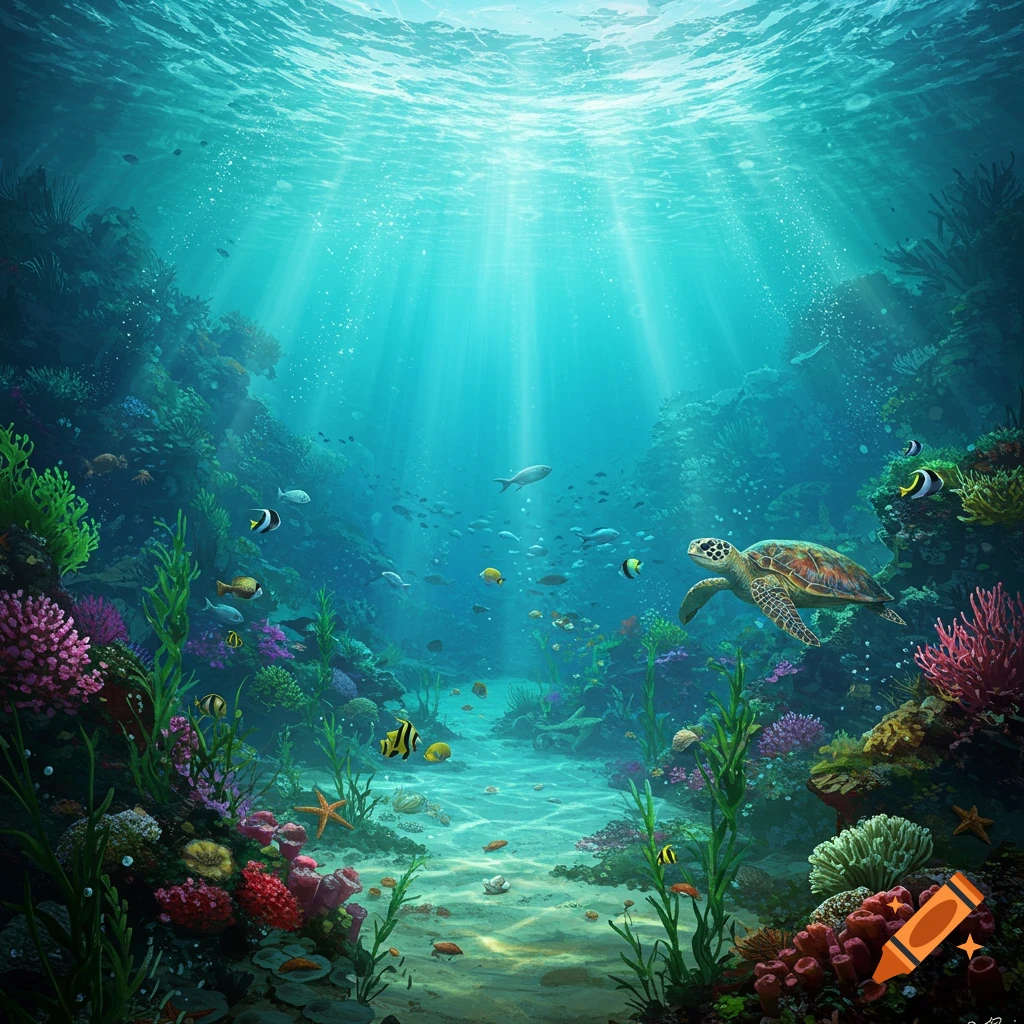 Vibrant underwater scene with sun rays illuminating a coral reef, colorful fish, and a sea turtle swimming over a sandy seabed.