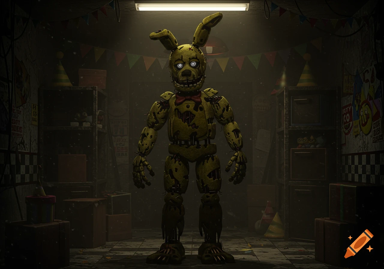 A dilapidated yellow-green rabbit animatronic with glowing white eyes stands in a dark, dusty storage room with shelves and party decorations.